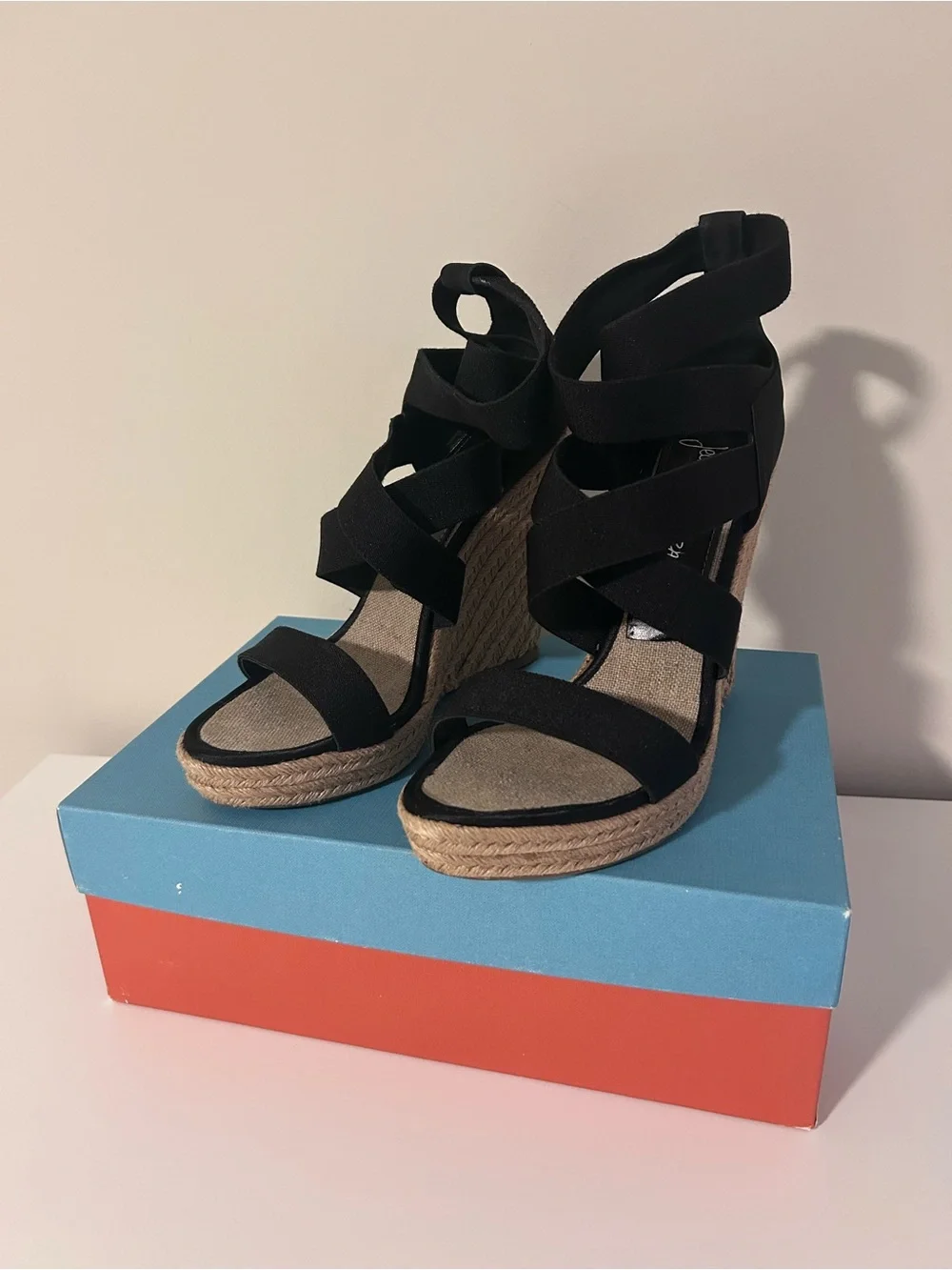 Jean Michel Cazabat Black Espadrille Wedge Sandals with Crisscross Straps